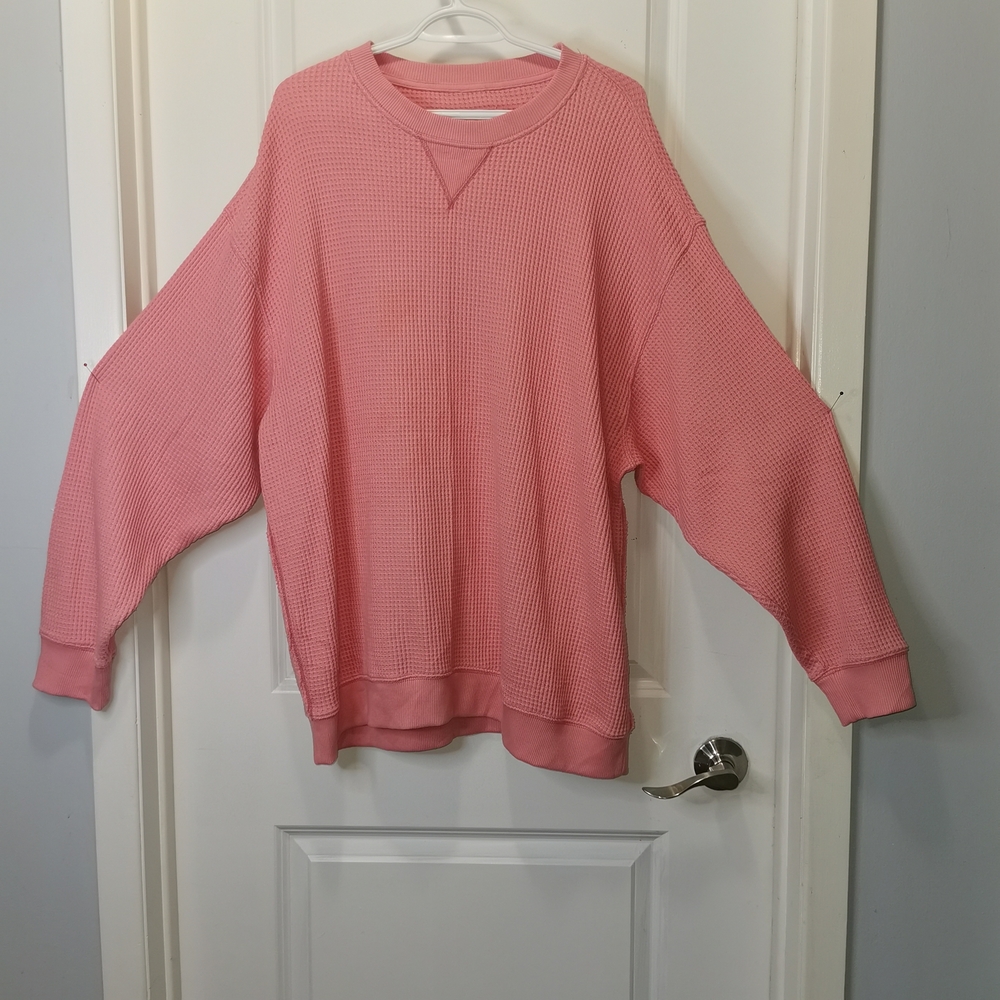 aerie Pink Waffle-Knit Crewneck Sweatshirt